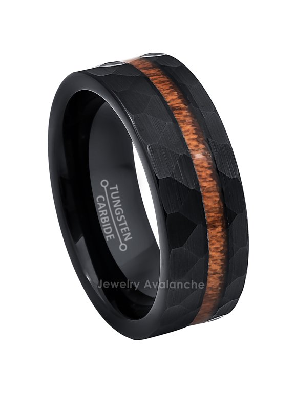 8mm Hammered Faceted Black IP with Hawaiian Koa Wood Inlay Tungsten Carbide Wedding Band Engagement Ring Comfort Fit - #891PLs8.5