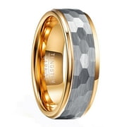 8mm Hammered Tungsten Carbide Rings for Men Silver Gold Two-Tone Wedding Band with Step Edges
