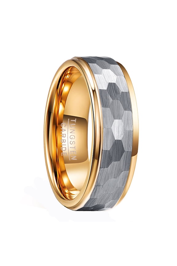 8mm Hammered Tungsten Carbide Rings for Men Silver Gold Two-Tone Wedding Band with Step Edges