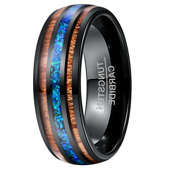 8mm Handmade Blue Opal Inlay Tungsten Carbide Ring with Hawaii Koa Wood for Unisex Size 6-14