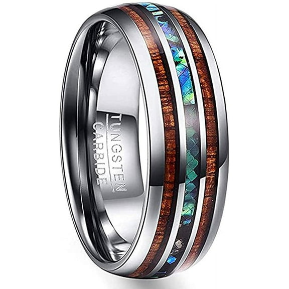 8mm Hawaiian Koa Wood Tungsten Rings Dome Abalone Shell/Blue Center Wedding Bands for Men Women Comfort Fit Size 4 to 17