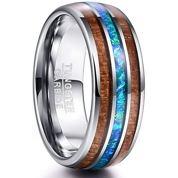 8mm Hawaiian Koa Wood Tungsten Rings Dome Abalone Shell/Blue Center Wedding Bands for Men Women Comfort Fit Size 6 to 14