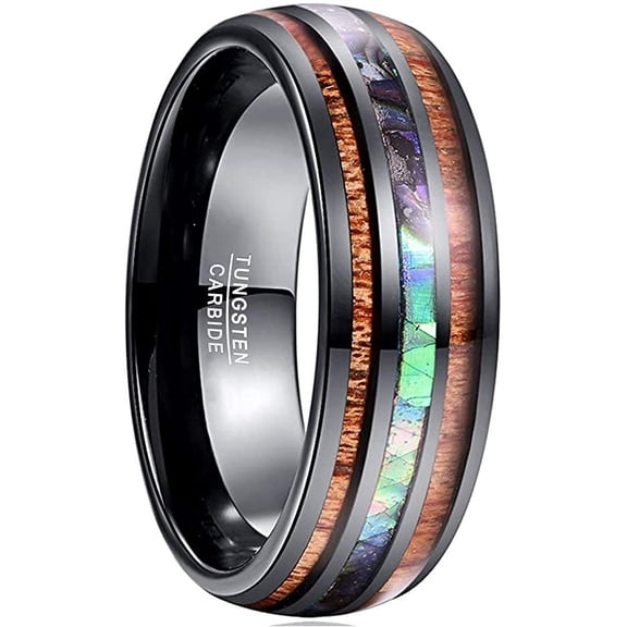 8mm Hawaiian Koa Wood Tungsten Rings Dome Abalone Shell/Blue Center Wedding Bands for Men Women Comfort Fit Size 7 to 14