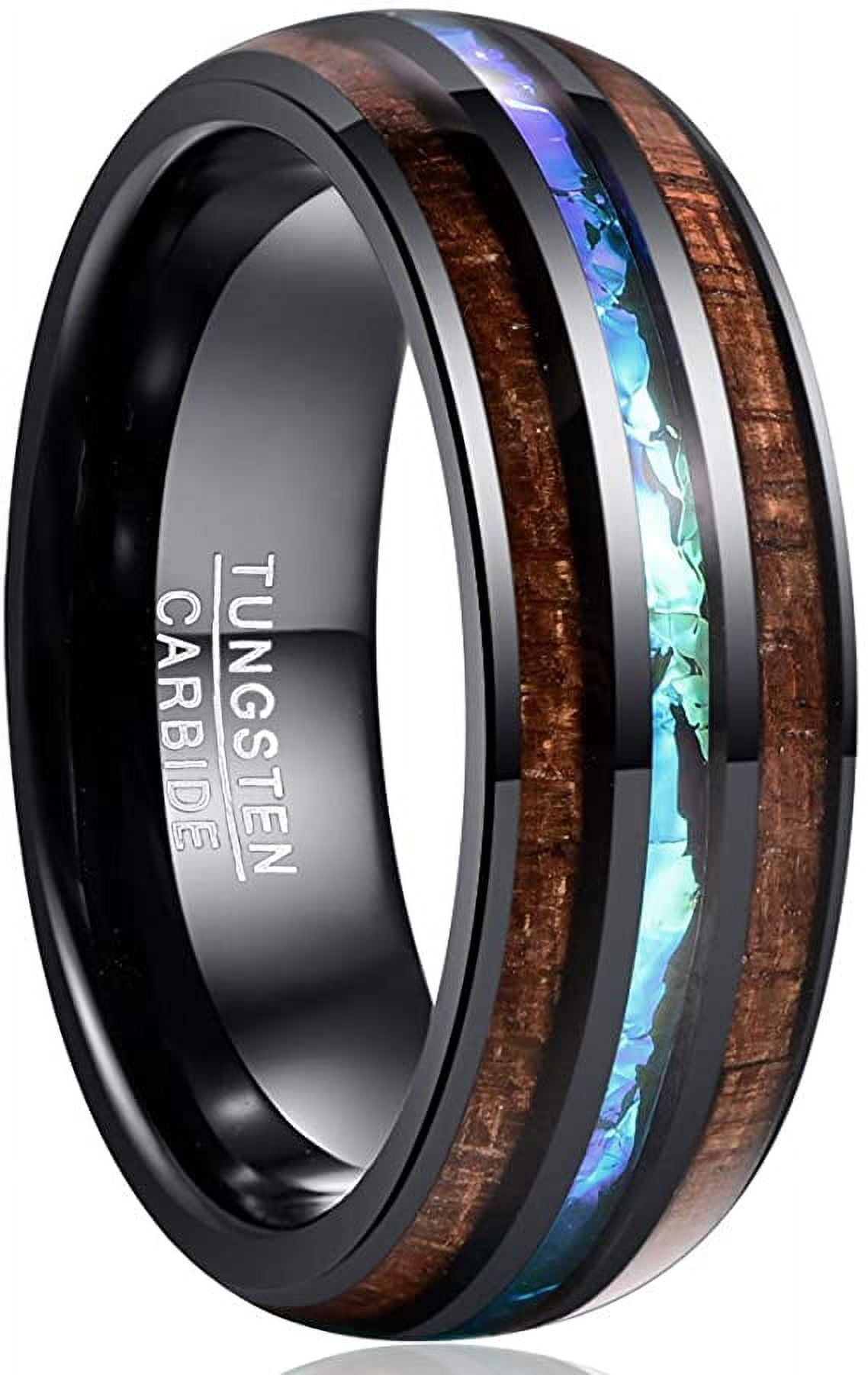 Tungsten / Abalone / Koa Wood Men's Wedding Band: Comfort Fit, 6mm, 8mm, 7.5 / 6mm