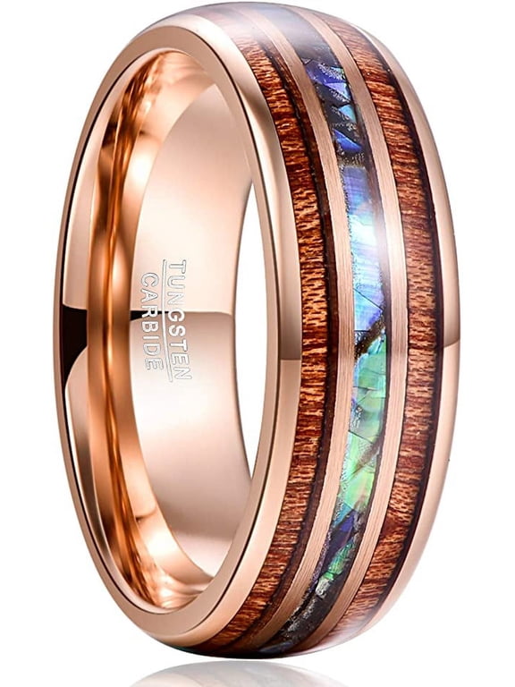 8mm Hawaiian Koa Wood Tungsten Rings Dome Abalone Shell/Blue Center Wedding Bands for Men Women Comfort Fit Size 7 to 14