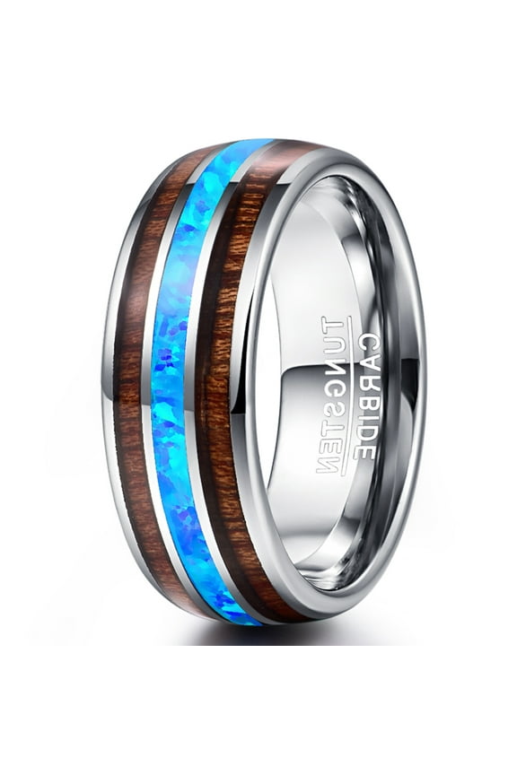 8mm Hawaiian Koa Wood Tungsten Rings for Unisex Blue Created-Opal Wedding Band Size 6-14