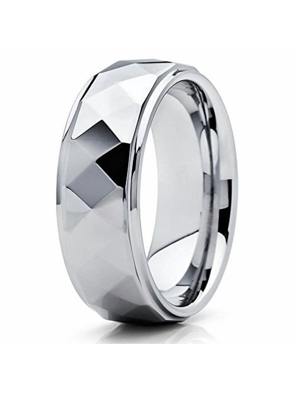 8mm High Polish Silver Tungsten Carbide Wedding Ring Multi Faceted Design Shiny Unisex Band 10 (10)