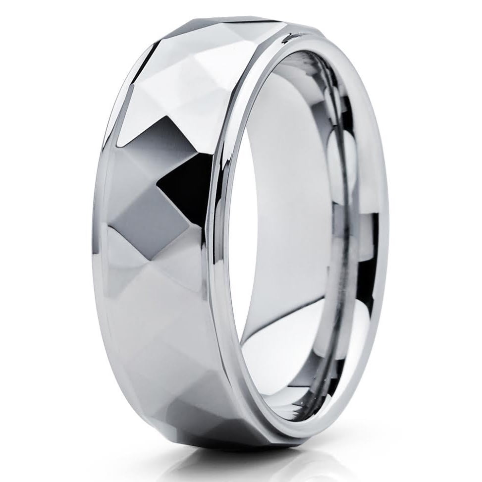 8mm High Polish Silver Tungsten Carbide Wedding Ring Multi Faceted