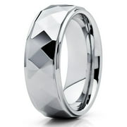 SILLY KINGS 8mm High Polish Silver Tungsten Carbide Wedding Ring Multi Faceted Design Shiny Unisex Band 10