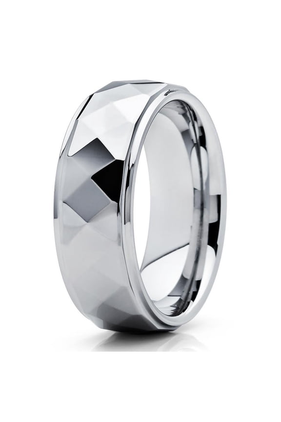 8mm High Polish Silver Tungsten Carbide Wedding Ring Multi Faceted Design Shiny Unisex Band 10