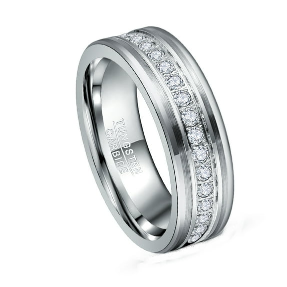8mm High Polish Silver Tungsten Ring Middle Row Of Zircon Inlaid