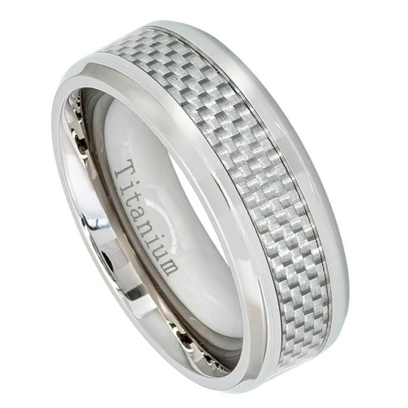 8mm High Polished Titanium with Light Grey Carbon Fiber Inlay Beveled Edge Wedding Band Ring For Men Or Ladies