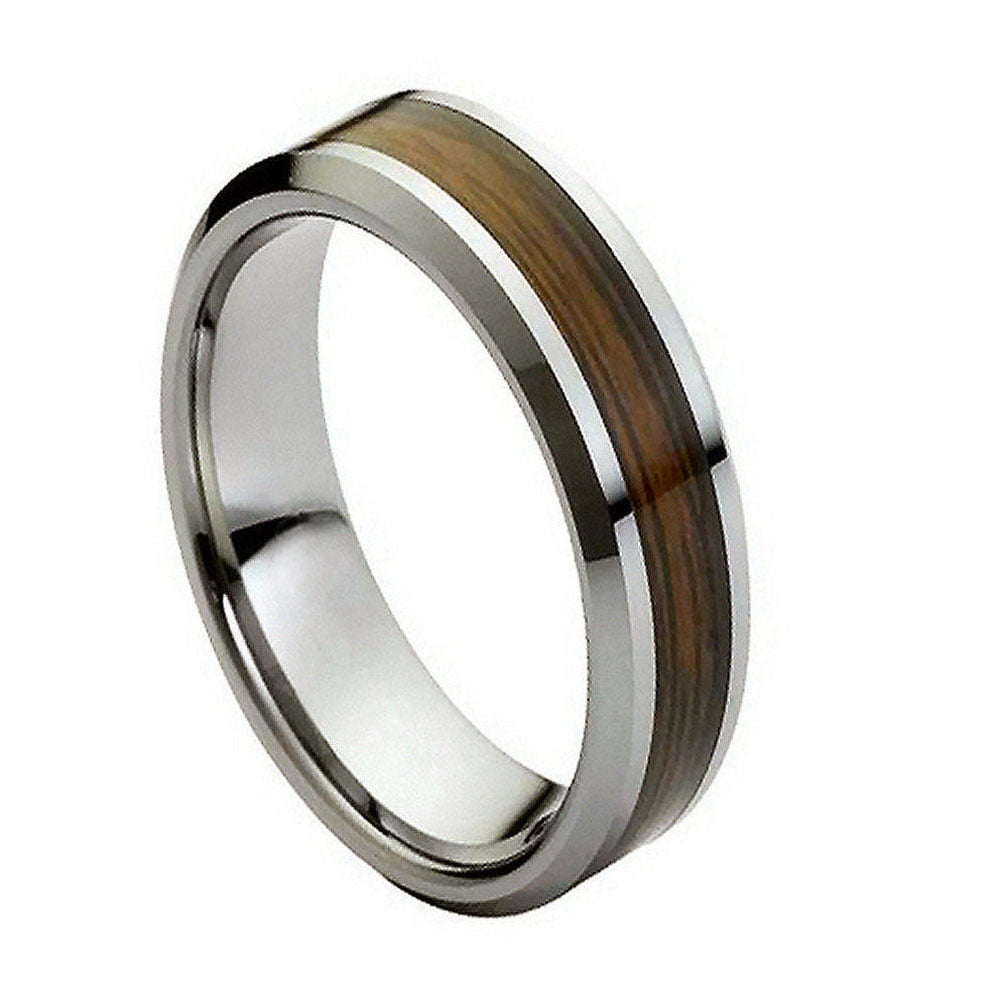 8mm High Polished Wood Inlaid Center Wedding Band Ring For Men Or ...