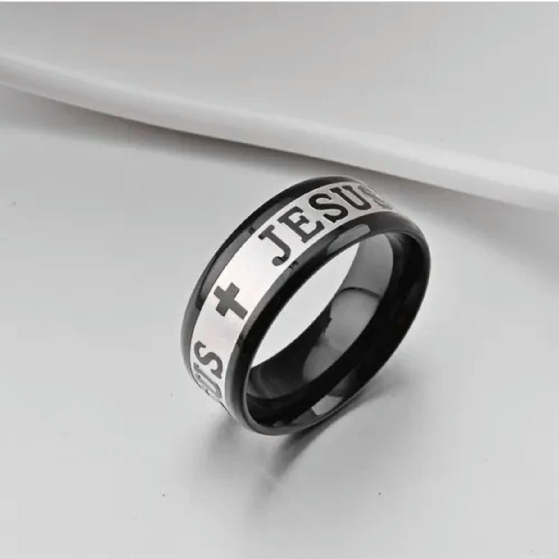 8mm Jesus Cross Prayer Ring Titanium Stainless Steel Men Women's Band ...