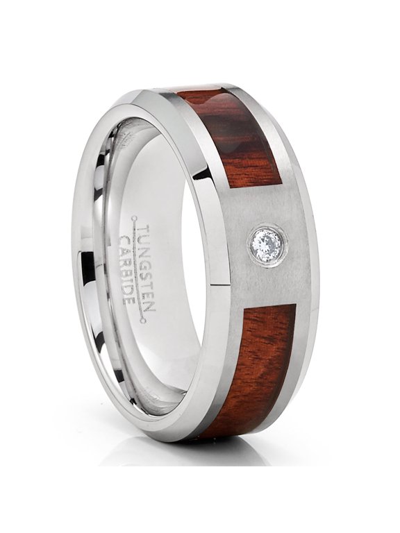 8mm Koa Wood Wedding Ring,CZ Wedding Ring,Tungsten Carbide Ring,Engagement Ring,Anniversary Ring