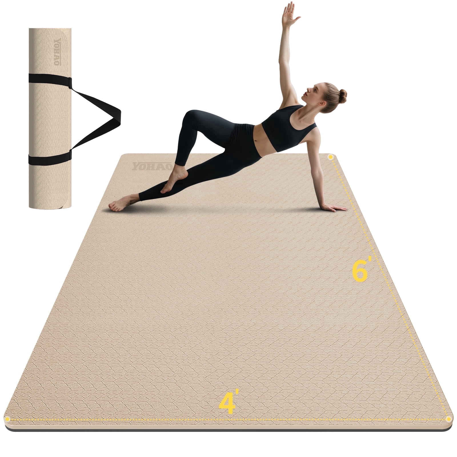 8mm Large Yoga Mat (6'x 4') with Soft Fabric - Extra Long and Wide 72 x 48 x 0.32 inches, Non-Slip Surface, Eco-Friendly, Lightweight, Thick Wide Yoga Mat for Home Workouts.(Beige+Black)