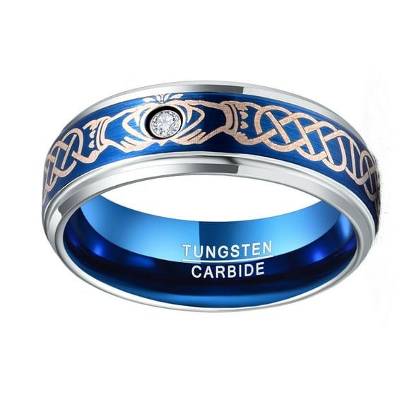 8mm Lasa Celtic Knot Plated Inner Blue Tungsten Carbide Rings With Zirconia