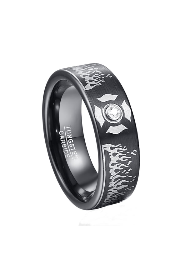8mm Lasa Electroplating Tungsten Ring Black Laser Flame Pattern With Zircon