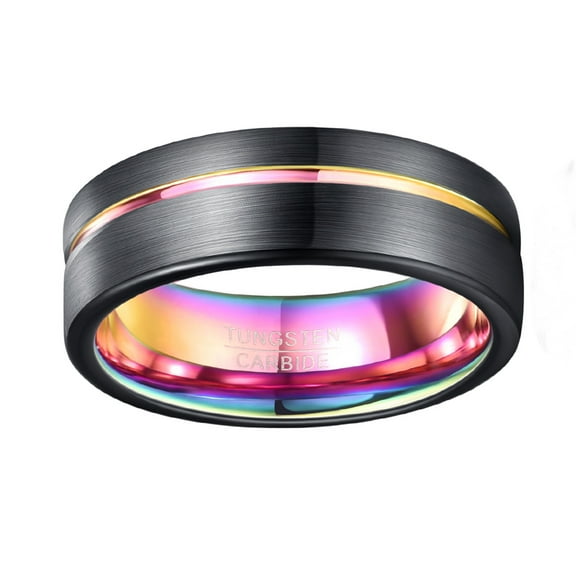 8mm Lasa Finish Plating Black Tungsten Wedding Ring Rainbow Inner