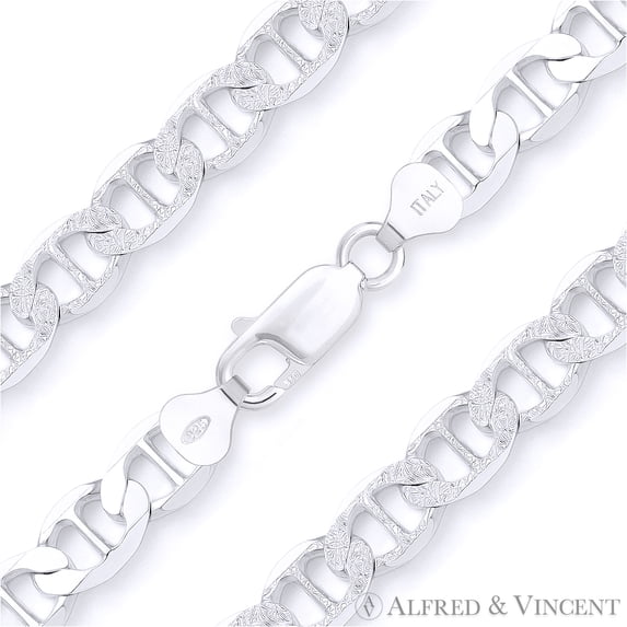 8mm Marina / Mariner Pave Link Italian Chain Necklace in .925 Sterling Silver