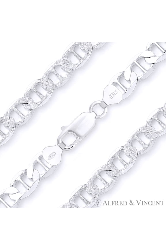 8mm Marina / Mariner Pave Link Italian Chain Necklace in .925 Sterling Silver