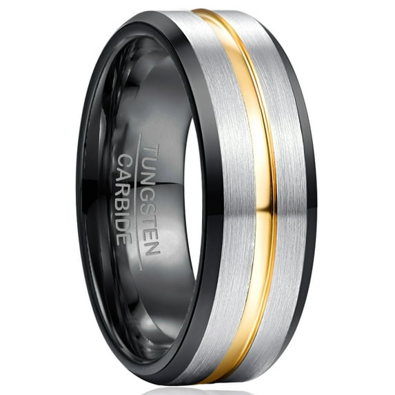 8mm Matte Finish Men's Tungsten Ring Thin gold Line Wedding Band Comfort Fit Size 6-14