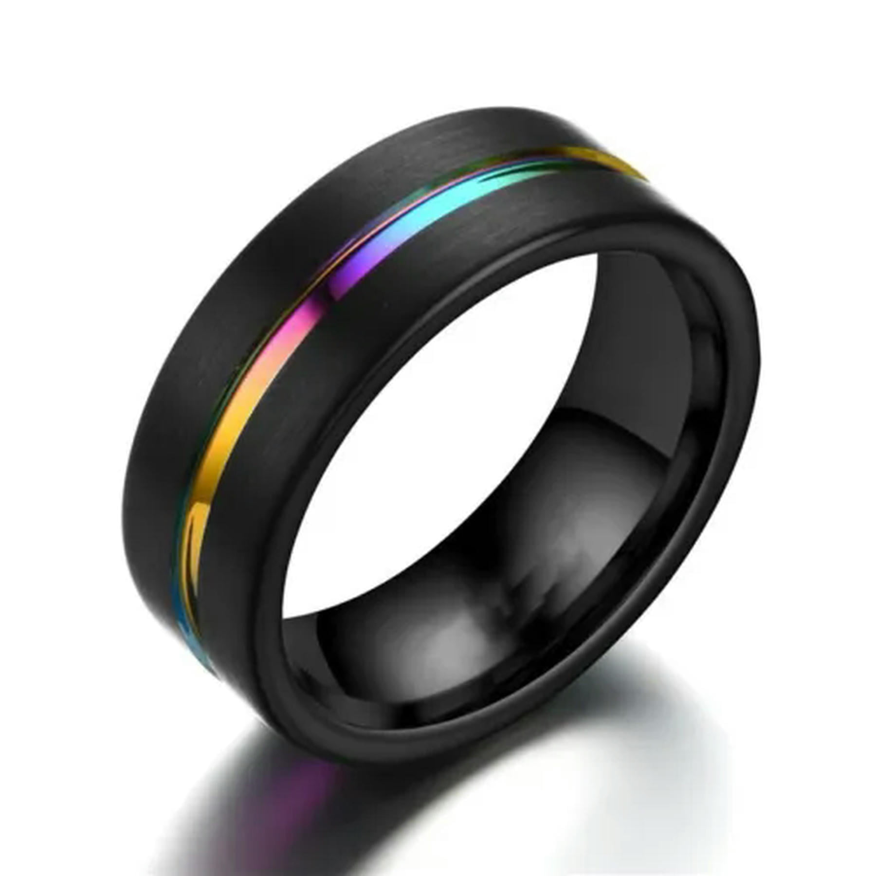 8mm Men Black Brushed Titanium Ring Rainbow Line Wedding Party Band