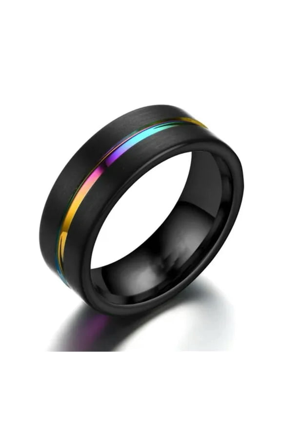 8mm Men Black Brushed Titanium Ring Rainbow Line Wedding Party Band Male Sz 6-13