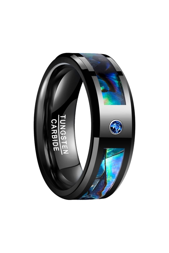 8mm Men's Abalone Shell and Blue Cubic Zirconia Inlay Black Tungsten Rings Size 7-12