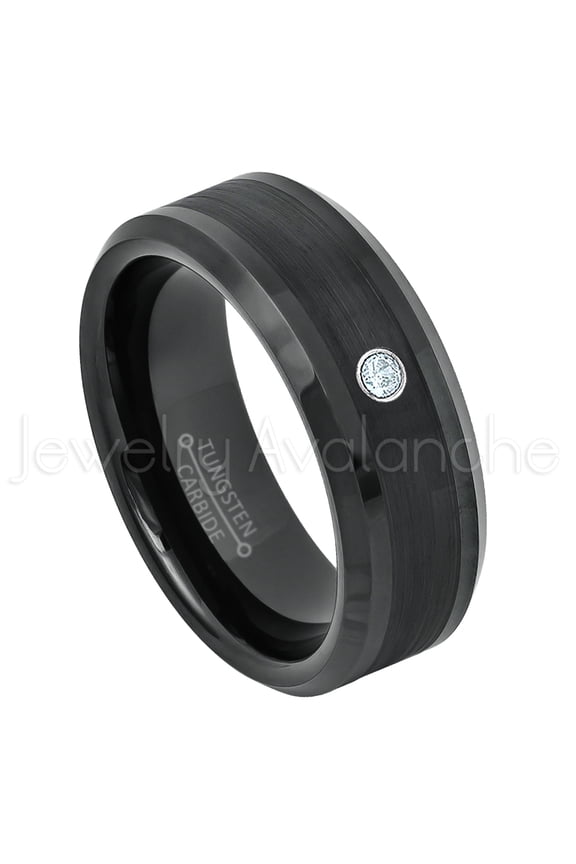 8mm Men's Black Beveled Edge Tungsten Carbide Ring - 0.07ct Aquamarine - March Birthstone TN663BS
