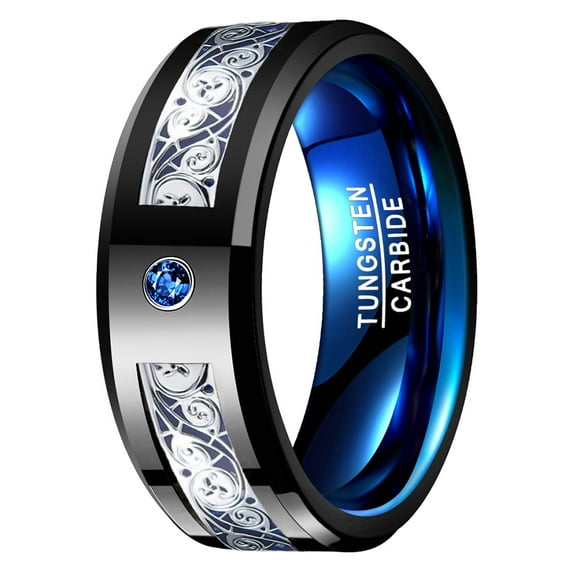 8mm Men's Black Blue Tungsten Rings Celtic Spiral Wedding Band with Cubic Zirconia Inlay Beveled Edges