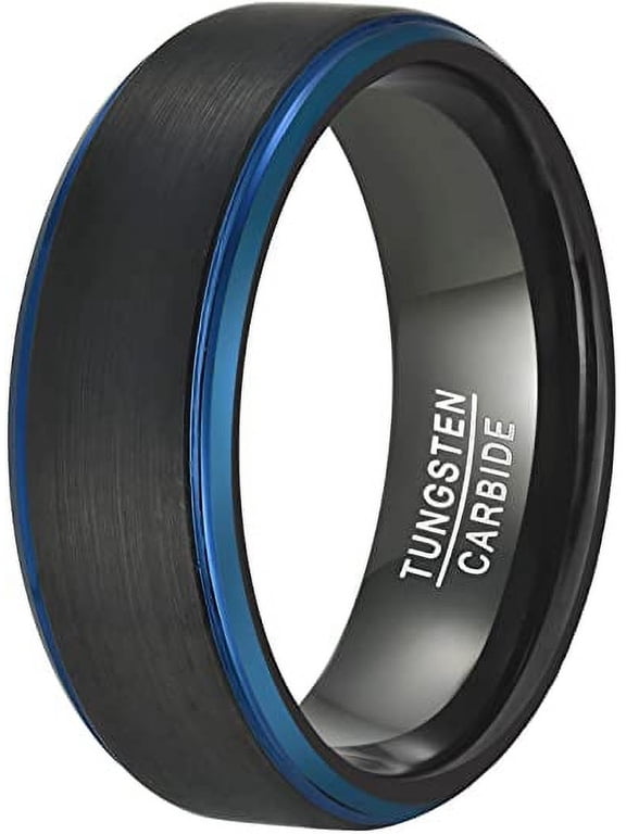 8mm Men's Black Blue Tungsten Rings Two-Tone Wedding Band with Step Edges Brushed Finish