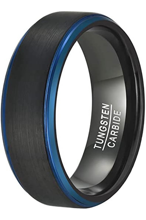 8mm Men's Black Blue Tungsten Rings Two-Tone Wedding Band with Step Edges Brushed Finish