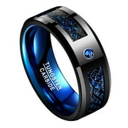 JQUEEN 8mm Men's Black Blue Tungsten Rings Wedding Band with Celtic Dragon and Cubic Zirconia Inlay