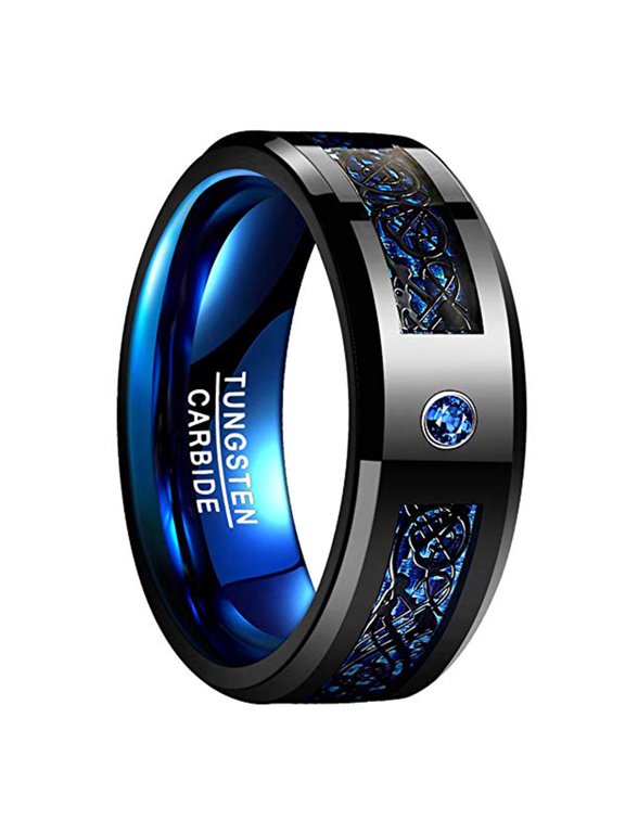 8mm Men's Black Blue Tungsten Rings Wedding Band with Celtic Dragon and Cubic Zirconia Inlay