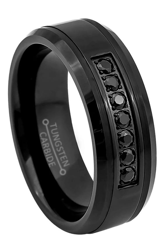 8mm Men’s Black Tungsten CZ Wedding Band, Black Stones Beveled Edge Anniversary Ring - TN888WAs10