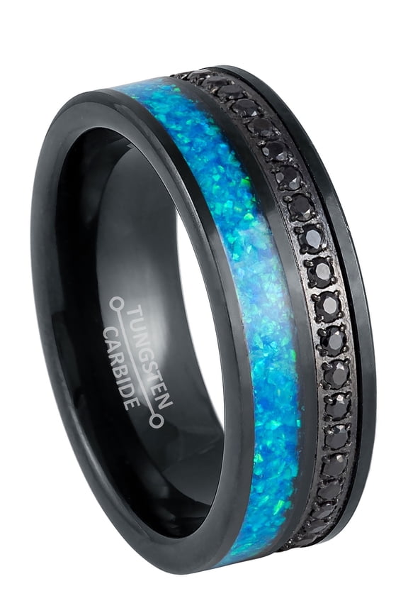 8mm Men's Black Tungsten Eternity Wedding Band, Black Cubic Zirconia, Opal Inlay Comfort Fit Pipe Cut Tungsten Ring - TN1162WAs8