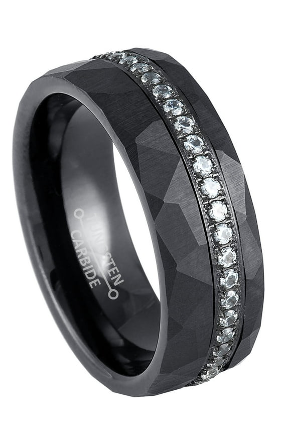 8mm Men’s Black Tungsten Eternity Wedding Band, Hammered Finish Anniversary Ring - TN1157WAs10