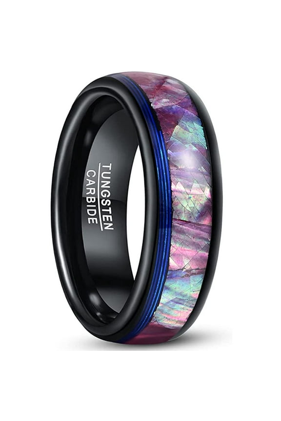 8mm Men's Black Tungsten Ring Wedding Band with Blue Guitar String and Light Purple Abalone Shell Inlay Dome Style