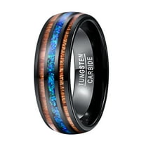 8mm Men's Black Tungsten Rings Blue Created Opal and Hawaiian Koa Wood Inlay Wedding Band