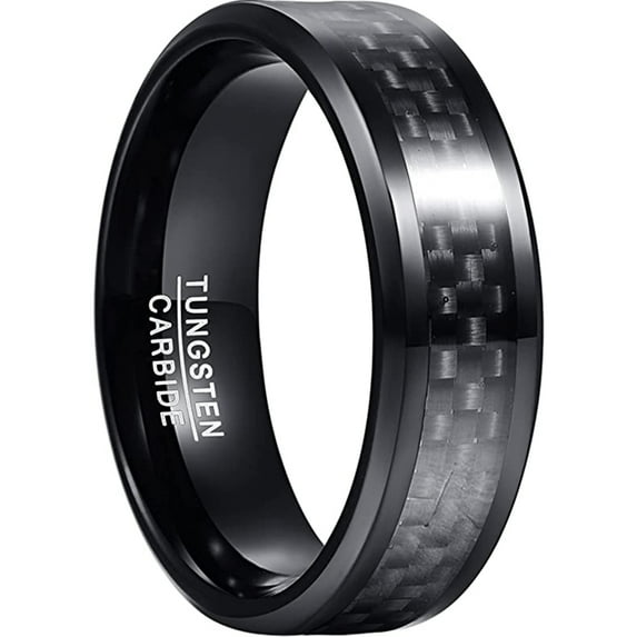 8mm Men's Black Tungsten Rings Carbon Fiber Inlay Wedding Band Ring with Beveled Edges