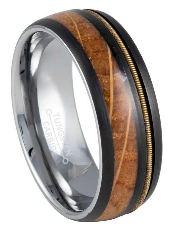 8mm Men's Black Tungsten Wedding Band, Barrel & Guitar String Inlay Anniversary Ring - TN1155WAs10.5