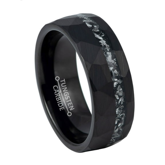 8mm Men's Black Tungsten Wedding Band, Titanium Shaving Inlay Hammered Finish Ring - TN1146WAs10