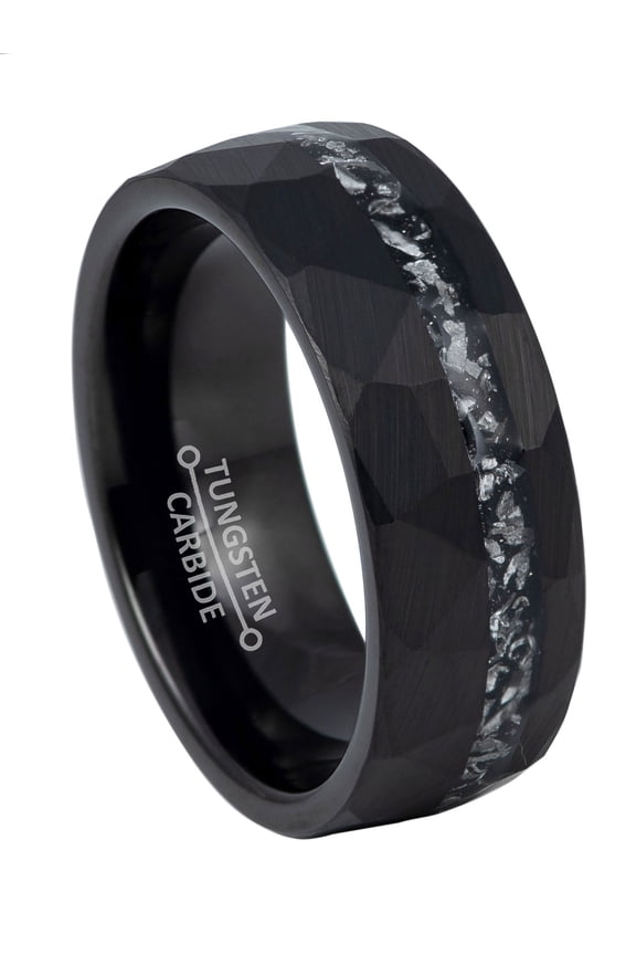 8mm Men's Black Tungsten Wedding Band, Titanium Shaving Inlay Hammered Finish Ring - TN1146WAs11