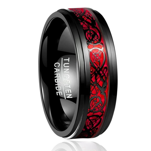 8mm Men's Black and Red Tungsten Carbide Wedding Ring Celtic Tungsten Ring Celtic Dragon Inlay Polished Finish Size 5-15