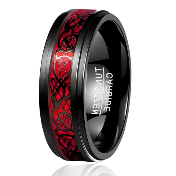 8mm Men's Black and Red Tungsten Carbide Wedding Ring Celtic Tungsten Ring Celtic Dragon Inlay Polished Finish Size 5-15