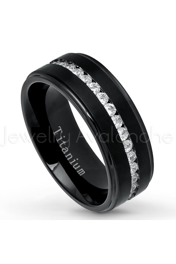 8mm Men's Brushed Finish Black IP Eternity CZ Center Titanium Anniversary Ring -#587WFs9