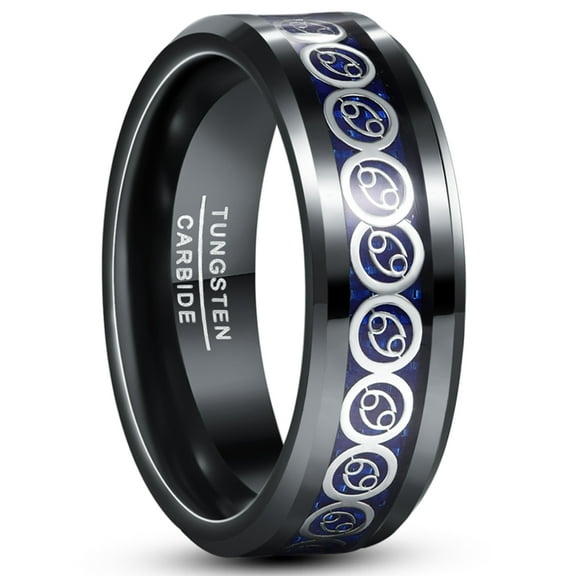 8mm Men's Cancer Pattern Tungsten Ring Black and Blue Wedding Band with Carbon Fiber Size 7-12