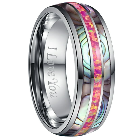 8mm Men's Carmine Red Created Opal Tungsten Carbide Ring Created Opal Tungsten Carbide and Abalone Shell Wedding Engagement Ring Size 7 to 14