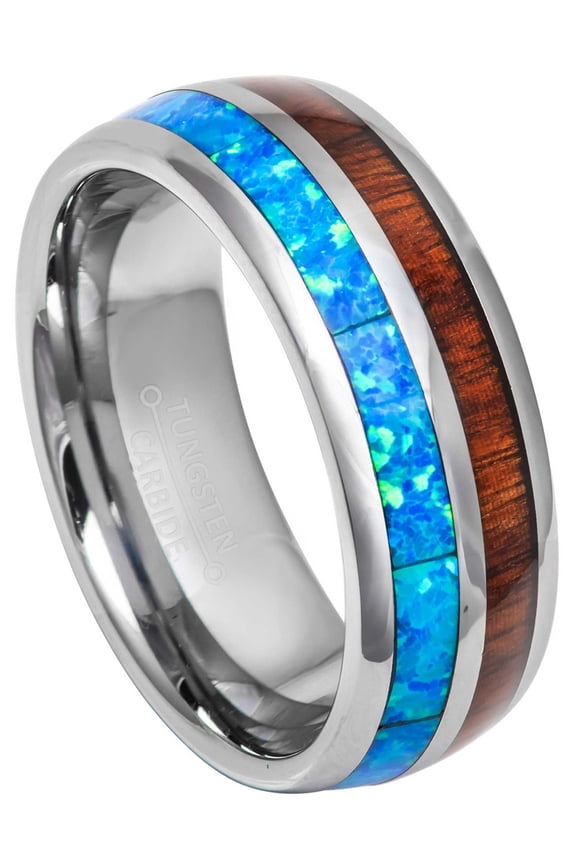 8mm Men's Dome Tungsten Wedding Band, Koa Wood & Opal Inlay Anniversary Ring - TN885WAs15